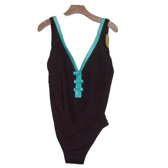 It Figures! One Piece Swimsuit Sz. 22W Chocolate Blue Tummy Thinner New NWT - Picture 1 of 8